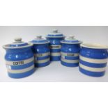 T.G.Green Cornishware, a collection including 6 inch Biscuits jar, three 5 inch Tea, Coffee and