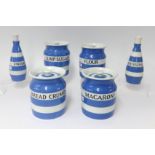 T.G.Green Cornishware, a collection including four 6.5 inch jars Bread Crumbs, Flour, Macaroni (