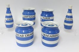 T.G.Green Cornishware, a collection including four 6.5 inch jars Bread Crumbs, Flour, Macaroni (