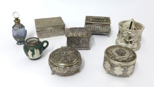 A collection of various metal trinket boxes including oriental also glass and overlay scent bottle