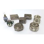 A collection of various metal trinket boxes including oriental also glass and overlay scent bottle