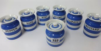 T.G.Green Cornishware, a collection including seven 3 inch spice jars Pepper, Mint, Cloves, Mustard,