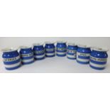 T.G.Green Cornishware, a collection including eight 3 inch jars, Spice, Cream of Tartar, Baking-