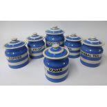 T.G.Green Cornishware, a collection including 6.5 inch biscuit jar, five 5 inch jars Sugar,