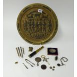 Egyptian brass tray, small objects including miniature silver mirror, Edward VII 1902 coronation