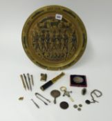 Egyptian brass tray, small objects including miniature silver mirror, Edward VII 1902 coronation