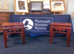 A pair of 19th/ early 20th century Chinese low square tables, stained elm, height 50cm, width 45cm.