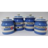 T.G.Green Cornishware, a collection including two 6 inch jars Pasta and Eggs and two 5 inch jars