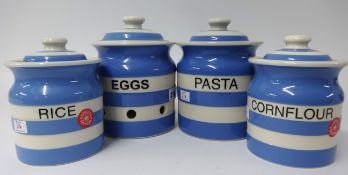 T.G.Green Cornishware, a collection including two 6 inch jars Pasta and Eggs and two 5 inch jars