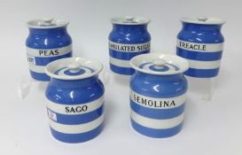 T.G.Green Cornishware, a collection including five 5 inch jars Peas, Semolina, Sago, Granulated