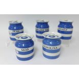 T.G.Green Cornishware, a collection including five 5 inch jars Peas, Semolina, Sago, Granulated