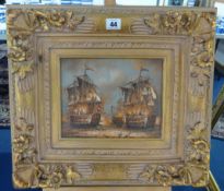 A pair reproduction oil on canvas French Naval paintings with certificates verso, in swept gilt