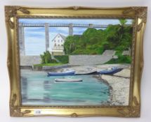 A.J.Budge, oil on board 'Brunel Bridge', 40cm x 50cm.