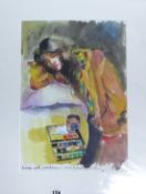 Print, 'Karen with Paintbox', mounted, not framed, 41cm x 29cm.