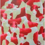 Lee woods, acrylic on wrap around canvas 'Cows', 61cm x 61cm.