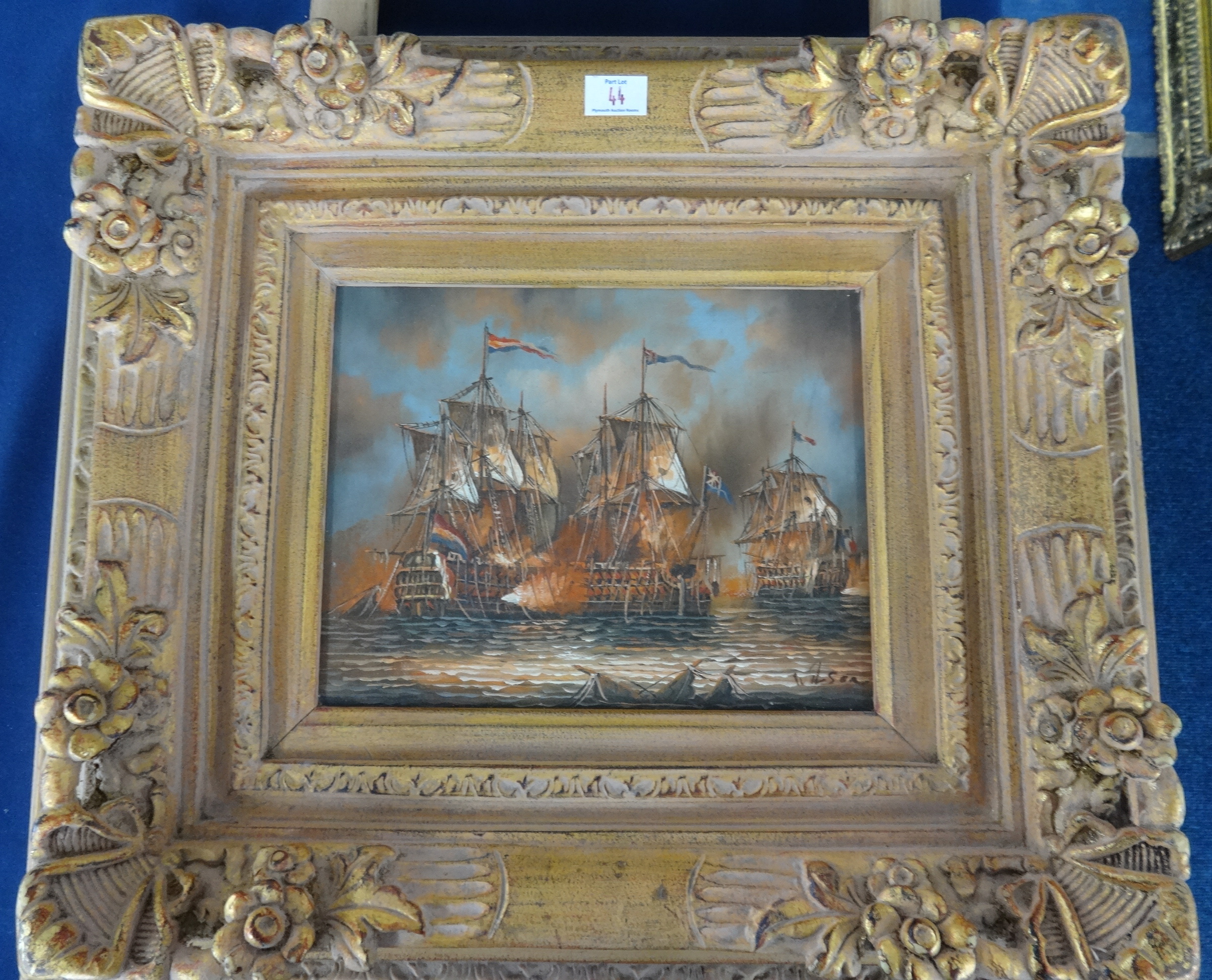 A pair reproduction oil on canvas French Naval paintings with certificates verso, in swept gilt - Image 2 of 2