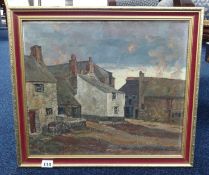 J.M.K.Duncan, signed, oil on canvas 'Village Scene', 37cm x 43cm and a traditional river scene,