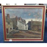 J.M.K.Duncan, signed, oil on canvas 'Village Scene', 37cm x 43cm and a traditional river scene,