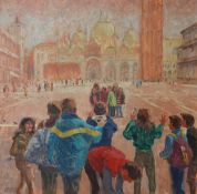 Mary Beresford-Williams, oil on canvas 'Tourist in St Marks Square', unframed, 36cm x 36cm.
