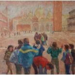 Mary Beresford-Williams, oil on canvas 'Tourist in St Marks Square', unframed, 36cm x 36cm.