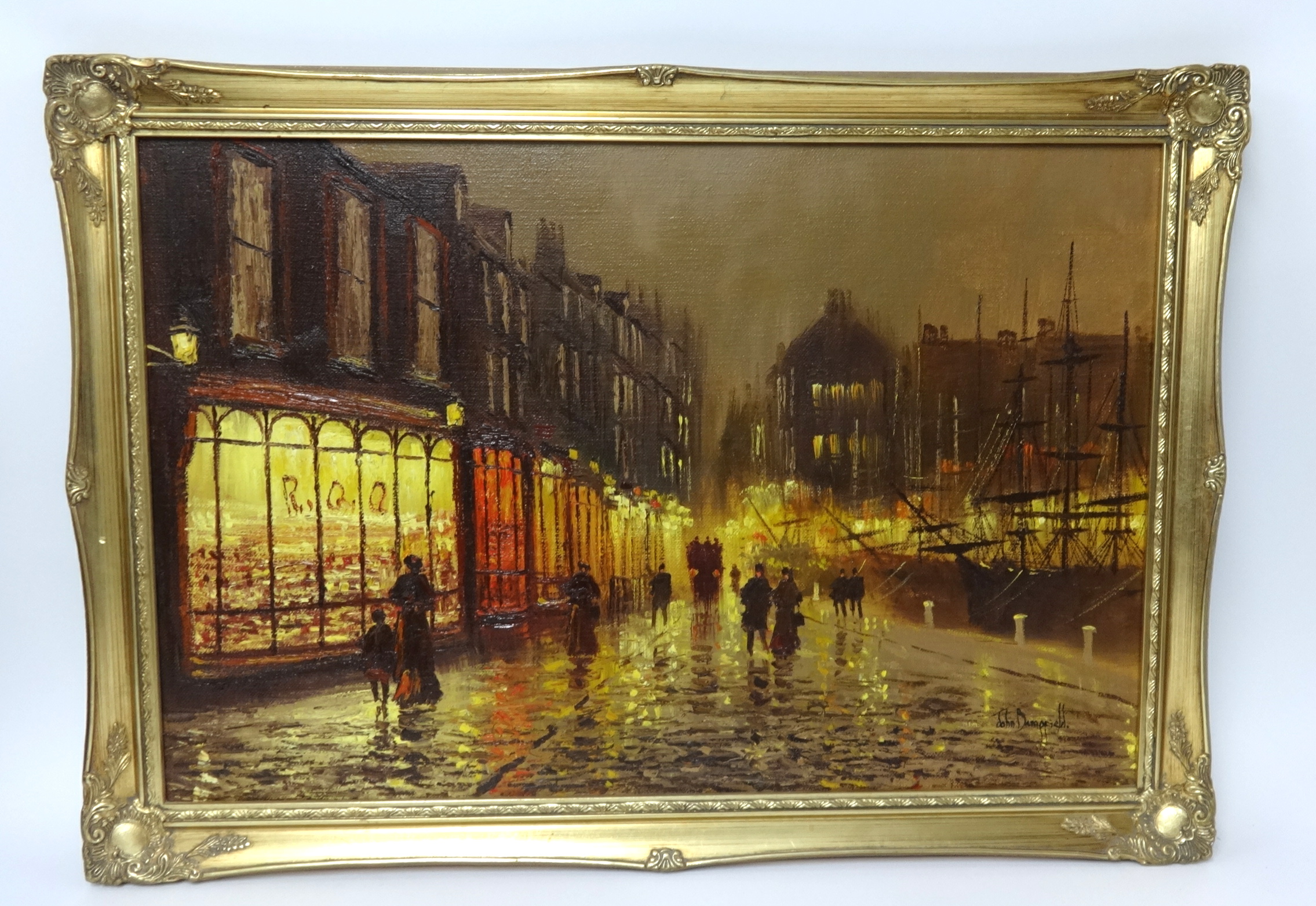 John Bampfield, oil on canvas, 'Plymouth Street Scene', 49cm x 74cm.