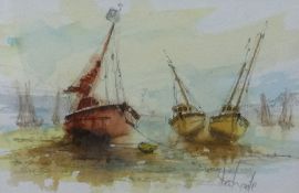Ben Maile (1922-2017) watercolour, 'Boats in Harbour', 17cm x 25cm.