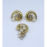 A matching set comprising- a pair of 18ct yellow gold swirl design cultured pearl and eight cut