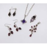 A collection of modern stylish silver and coloured stone jewellery including pendant necklace,
