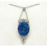 An antique opal and diamond drop pendant white gold setting, with centre large black opal approx.