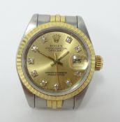Rolex, a ladies stainless steel and gold Date Just wrist watch, with diamond dot dial, original