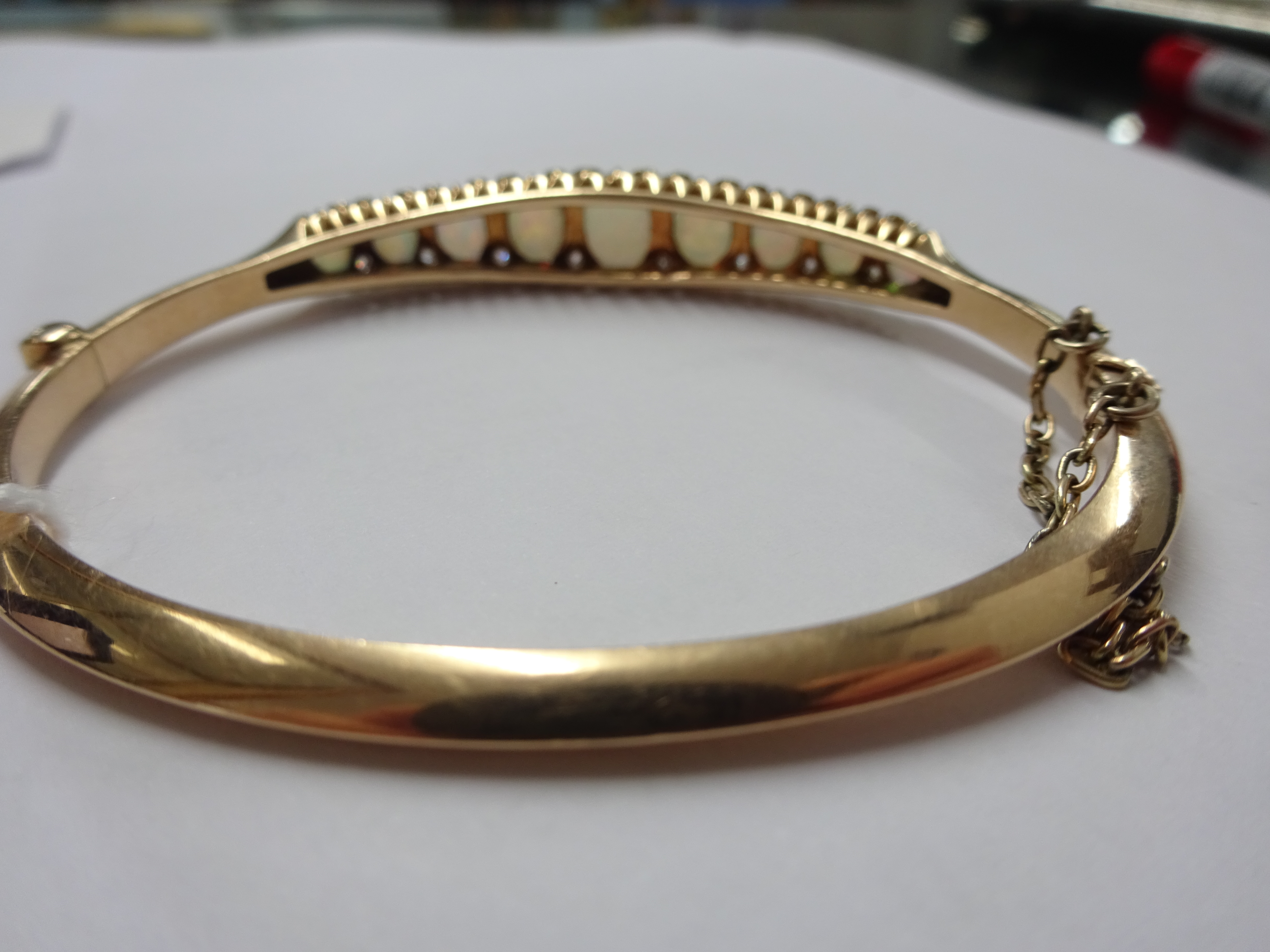 An antique yellow gold open diamond half snap hinged set bangle, possibly 15/18ct gold, set with - Image 2 of 5