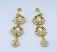 A pair of 18ct yellow gold freshwater pearl drop earrings, each comprising 3 sections of 'ricicle'