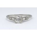 An Art Deco platinum and diamond single stone ring, approx 0.40 carat, with copy of insurance