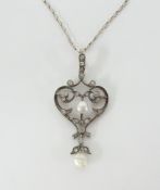 A diamond and pearl pendant, set with a two coloured chain.