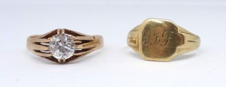 A 9ct signet ring and a single stone 9ct ring (2).