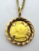 A Victoria 1893 half sovereign set on a 9ct gold chain, total weight 11.20g.