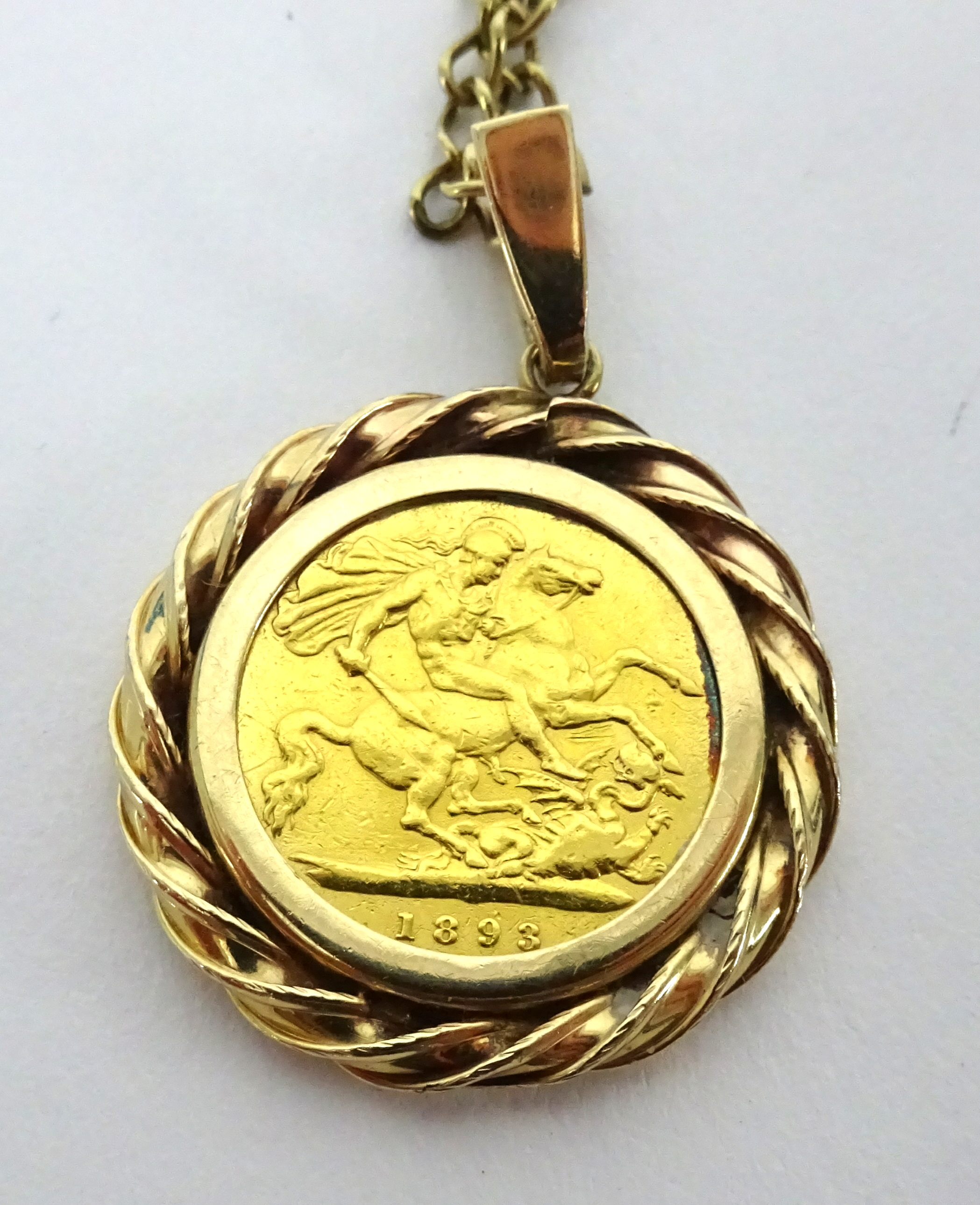 A Victoria 1893 half sovereign set on a 9ct gold chain, total weight 11.20g. - Image 2 of 2