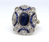 A art deco design sapphire and diamond cluster ring, set in yellow gold unmarked, size L, head