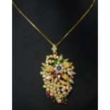 A large 18ct yellow gold multi paste stone abstract pendant, stones mounted in a claw setting and