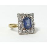 An 18ct sapphire and diamond set cluster ring of rectangular form, size K.