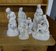 Six various Parian style white porcelain classical figure group, tallest 39cm.