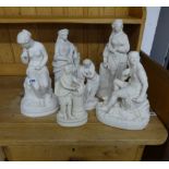 Six various Parian style white porcelain classical figure group, tallest 39cm.