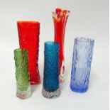 Five coloured glass vases including Whitefriars, tallest 27cm.