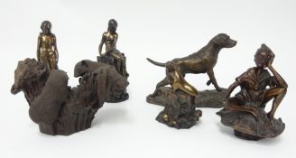 A collection of various ornaments, bronze effect sculptures, porcelain bird groups etc.