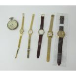 A Salvos open faced pocket watch, modern gents watch, ladies Omega 21 Prix watch and three other