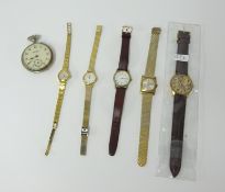 A Salvos open faced pocket watch, modern gents watch, ladies Omega 21 Prix watch and three other