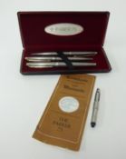 Parker 75, a cased set of 3 sterling silver pens/pencil incl fountain pen with 14k nib, propelling