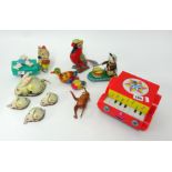 A collection of seven tin plate toys including Chinese clock work Panda Drummer (7).