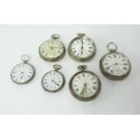 A collection of six vintage open faced pocket watches, including silver.