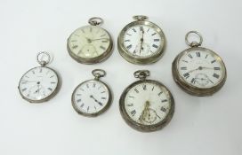 A collection of six vintage open faced pocket watches, including silver.